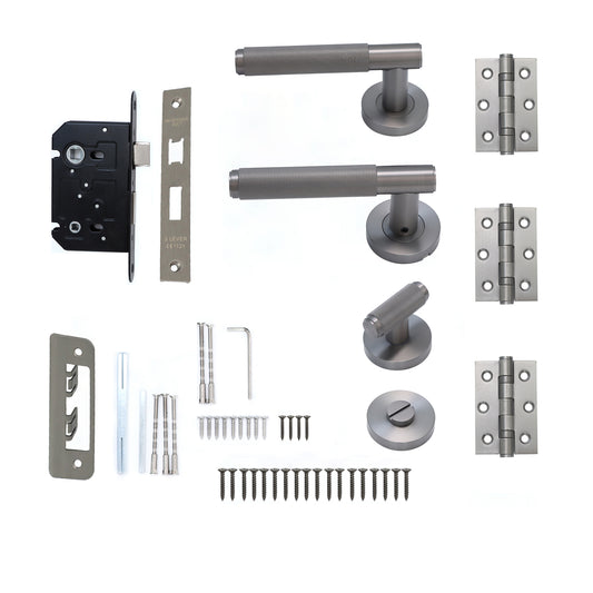 Knurled Lever on Round Rose Bathroom Door Handle Set - Gun Metal