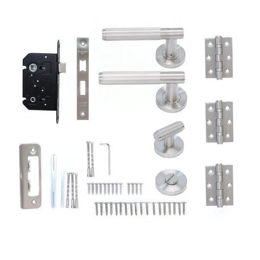 Fluted Lever on Round Rose Bathroom Door Handle Set - Satin Stainless Steel