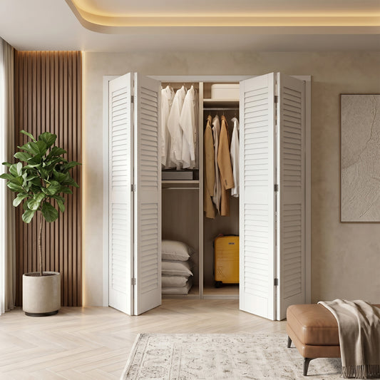 White Painted Internal 28mm Open Louvre Bi-fold Wardrobe Door Set