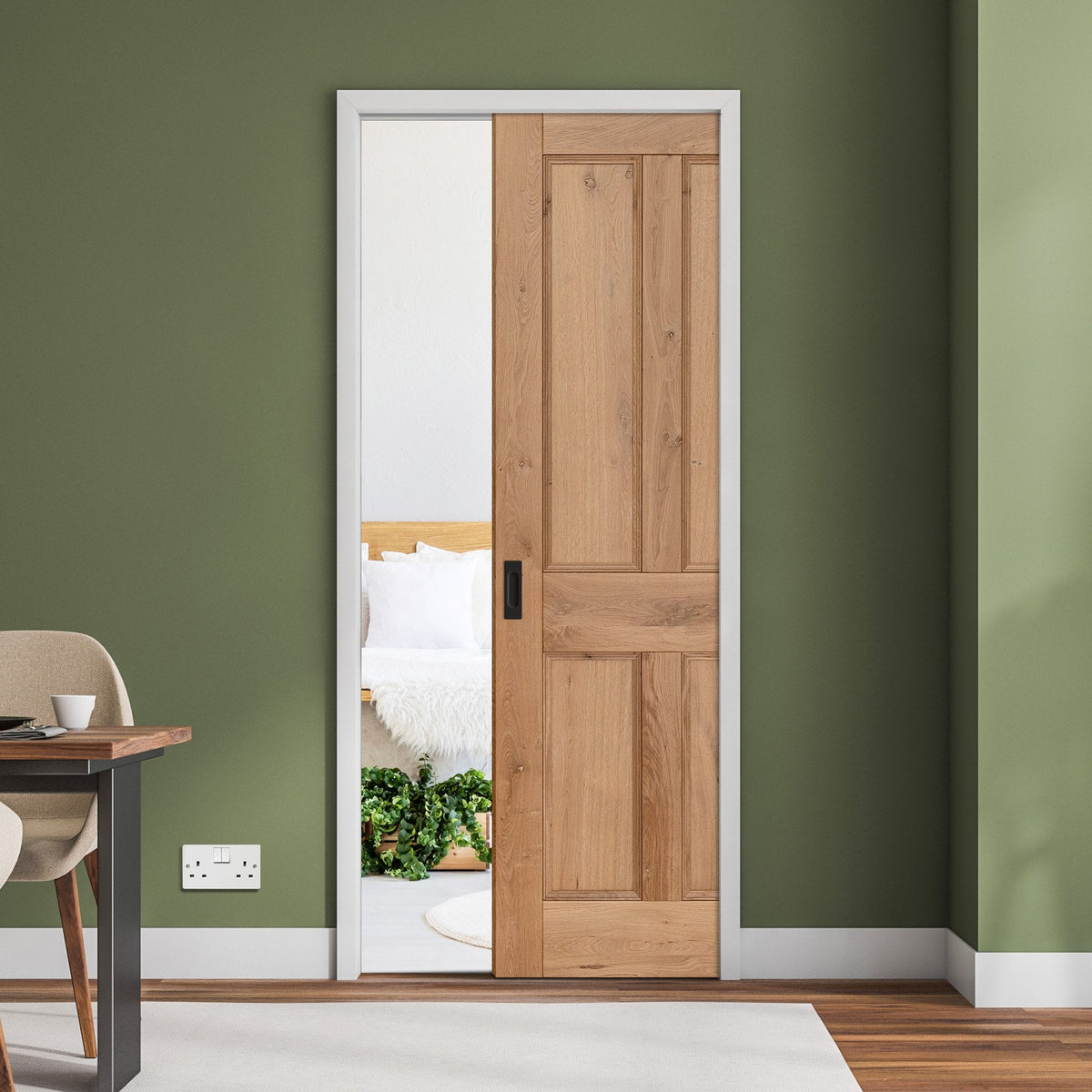 Rustic Oak Fully Finished Internal Victorian 4 Panel Framed Pocket Door Set (123192)