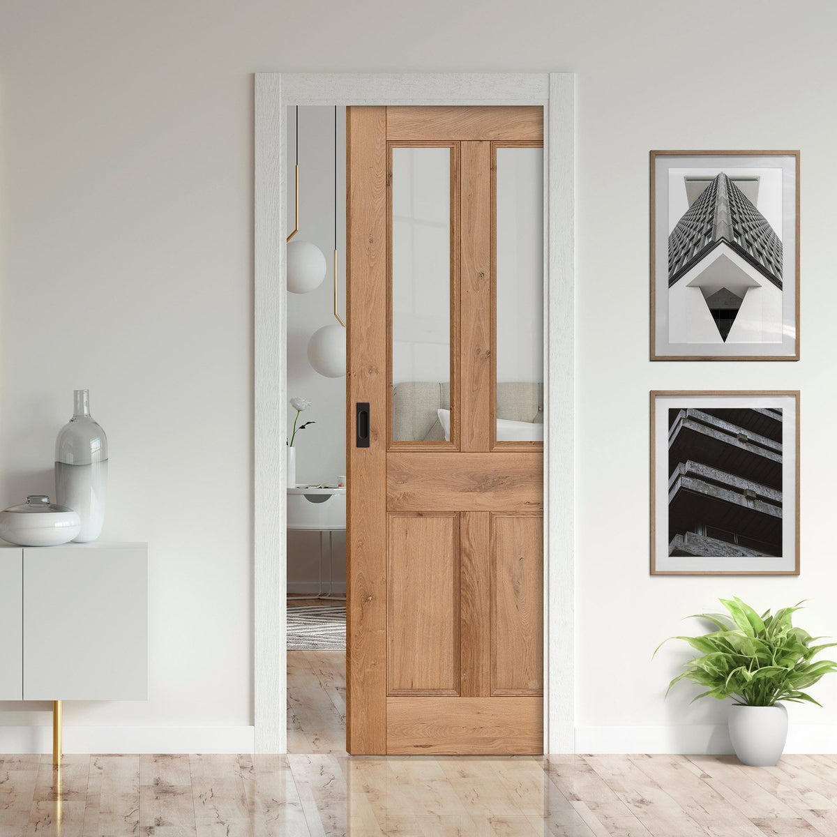 Rustic Oak Fully Finished Internal Malton 4 Panel Glazed Framed Pocket Door Set (123191)