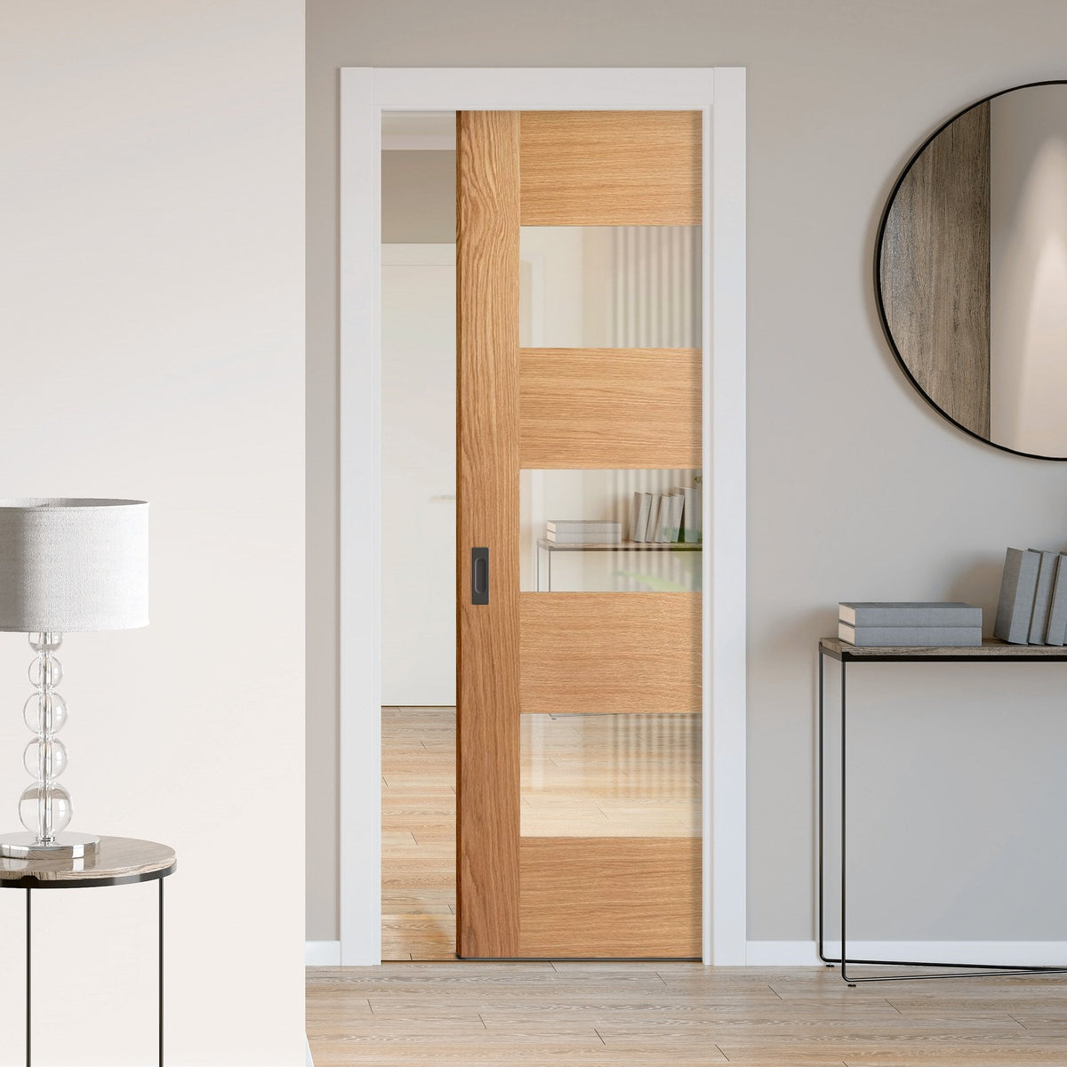 Oak Fully Finished Internal Edison 7 Panel 3 Light Glazed Framed Pocket Door Set (123194)