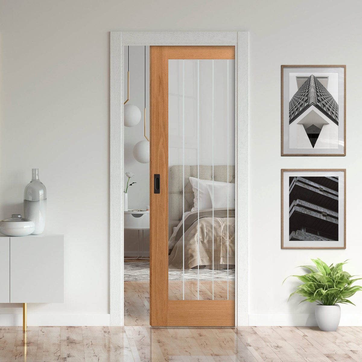 Oak Fully Finished Internal Farley 1 Light Obscure Lined Glazed Framed Pocket Door Set (123197)
