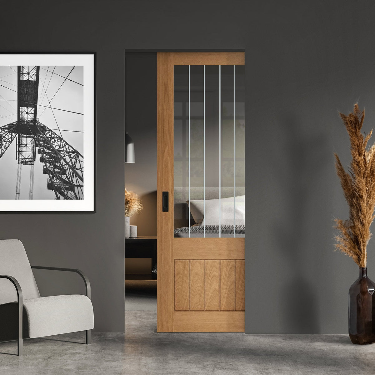 Oak Fully Finished Internal Farley 1 Panel 1 Light Obscure Lined Glazed Framed Pocket Door Set (123198)