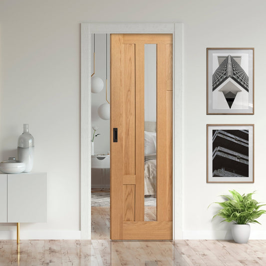 Oak Fully Finished Internal Stamford 4 Panel 1 Light Clear Glass Framed Pocket Door Set (123202)
