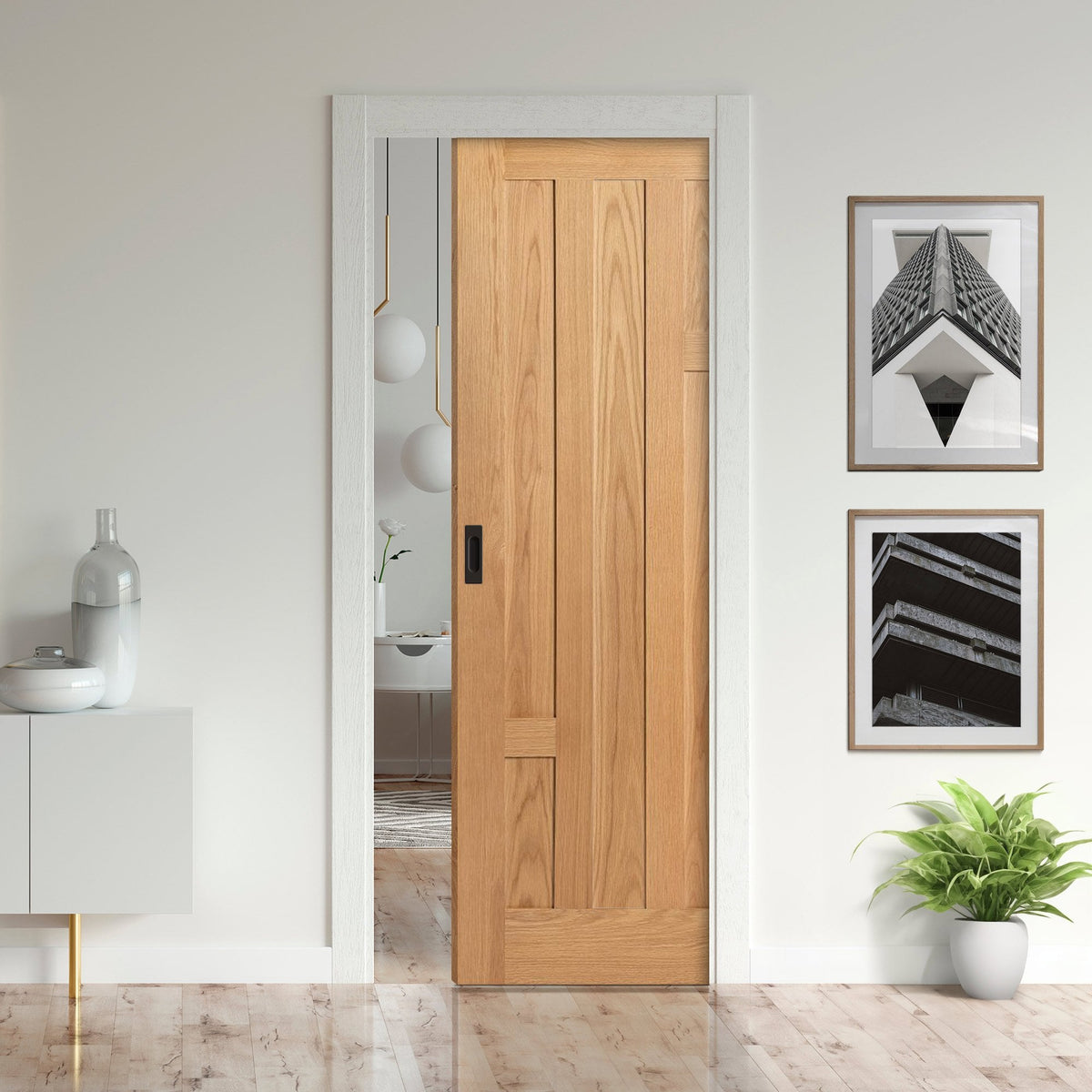 Oak Fully Finished Internal Stamford 5 Panel Framed Pocket Door Set (123203)
