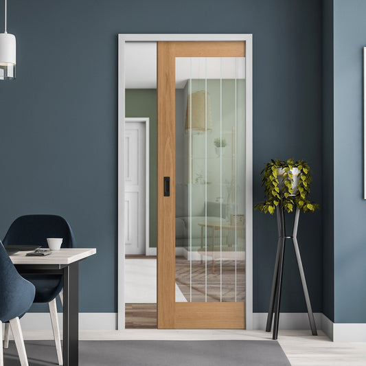 Oak Unfinished Farley 1 Light Obscure Lined Clear Glass Framed Pocket Door Set (123208)