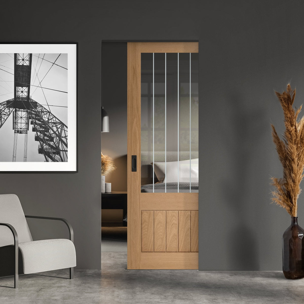 Oak Unfinished Farley 1 Panel 1 Light Obscure Lined Clear Glass Framed Pocket Door Set (123209)