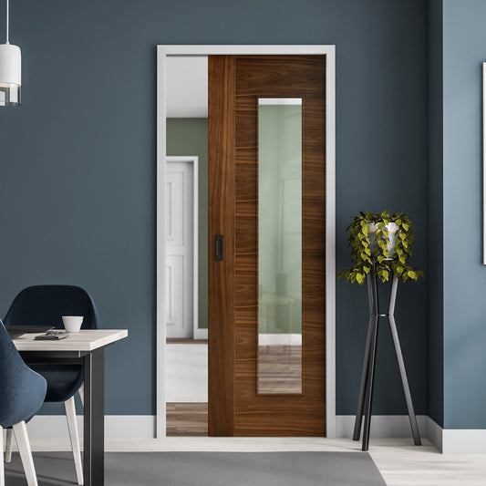 Walnut Fully Finished Internal Milano 1 Light Clear Glass Framed Pocket Door Set (123229)