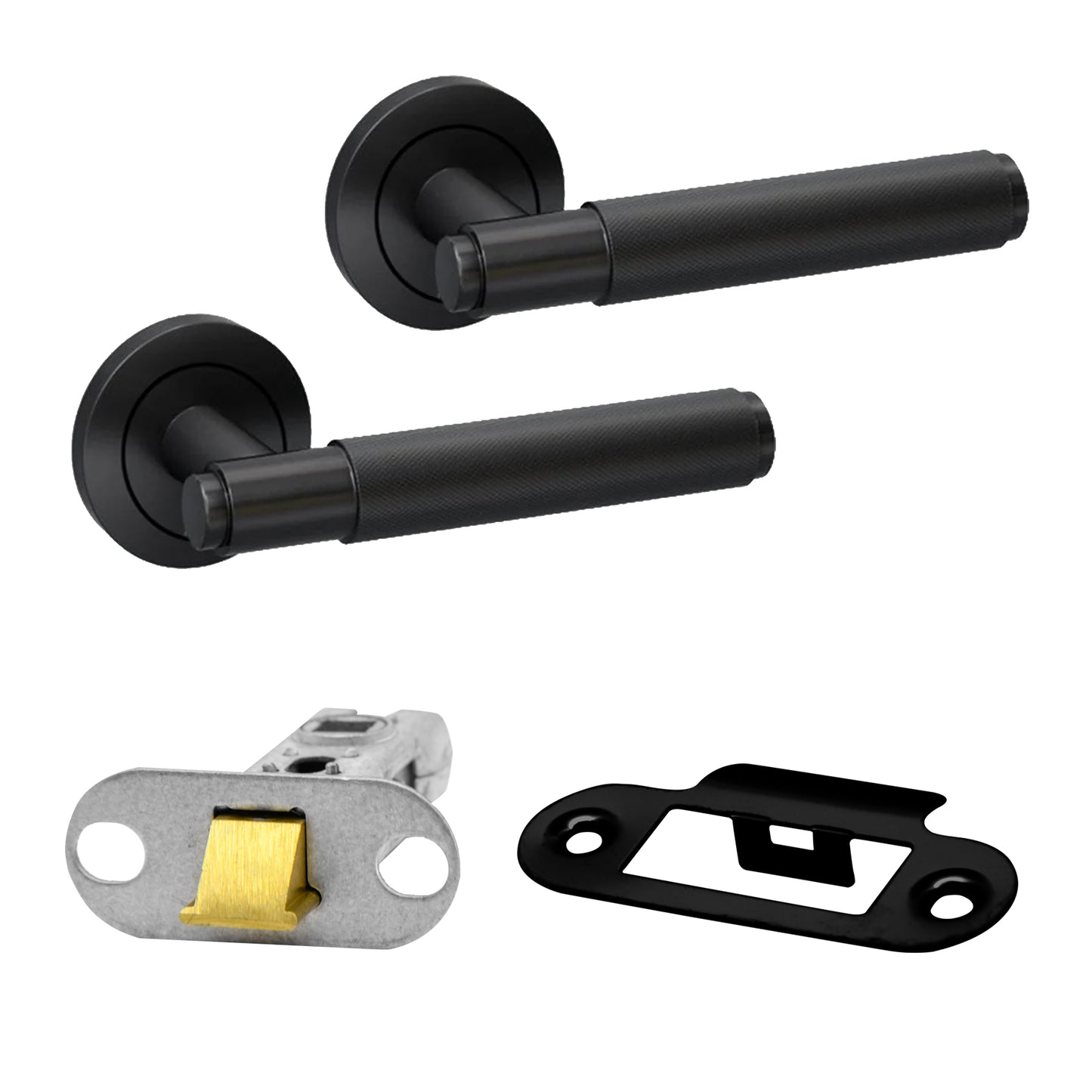 Premium Knurl Lever on Radius Corner Rose Latch Handle Set - Matt Black