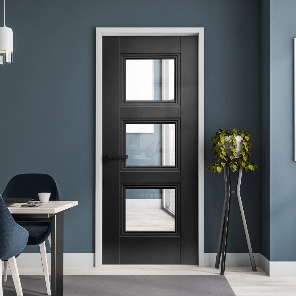 Jet Black Internal Fully Finished 3 Light Clear Glass Elegance Ripley Door (124172)