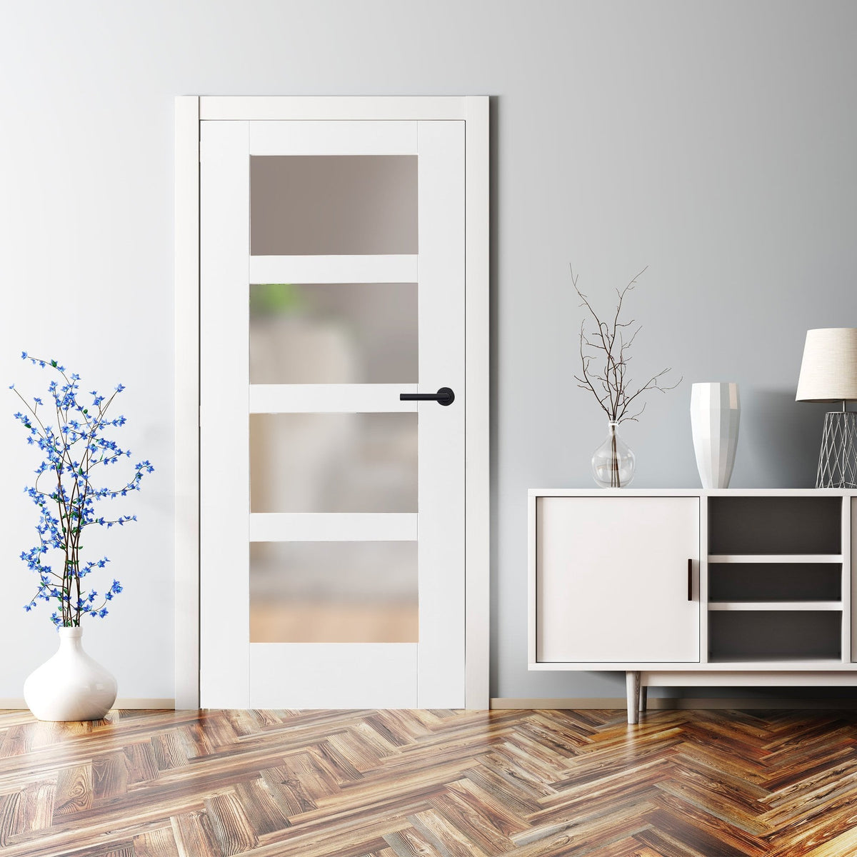 White Internal Primed Shaker 4 Light Obscure Glass Door