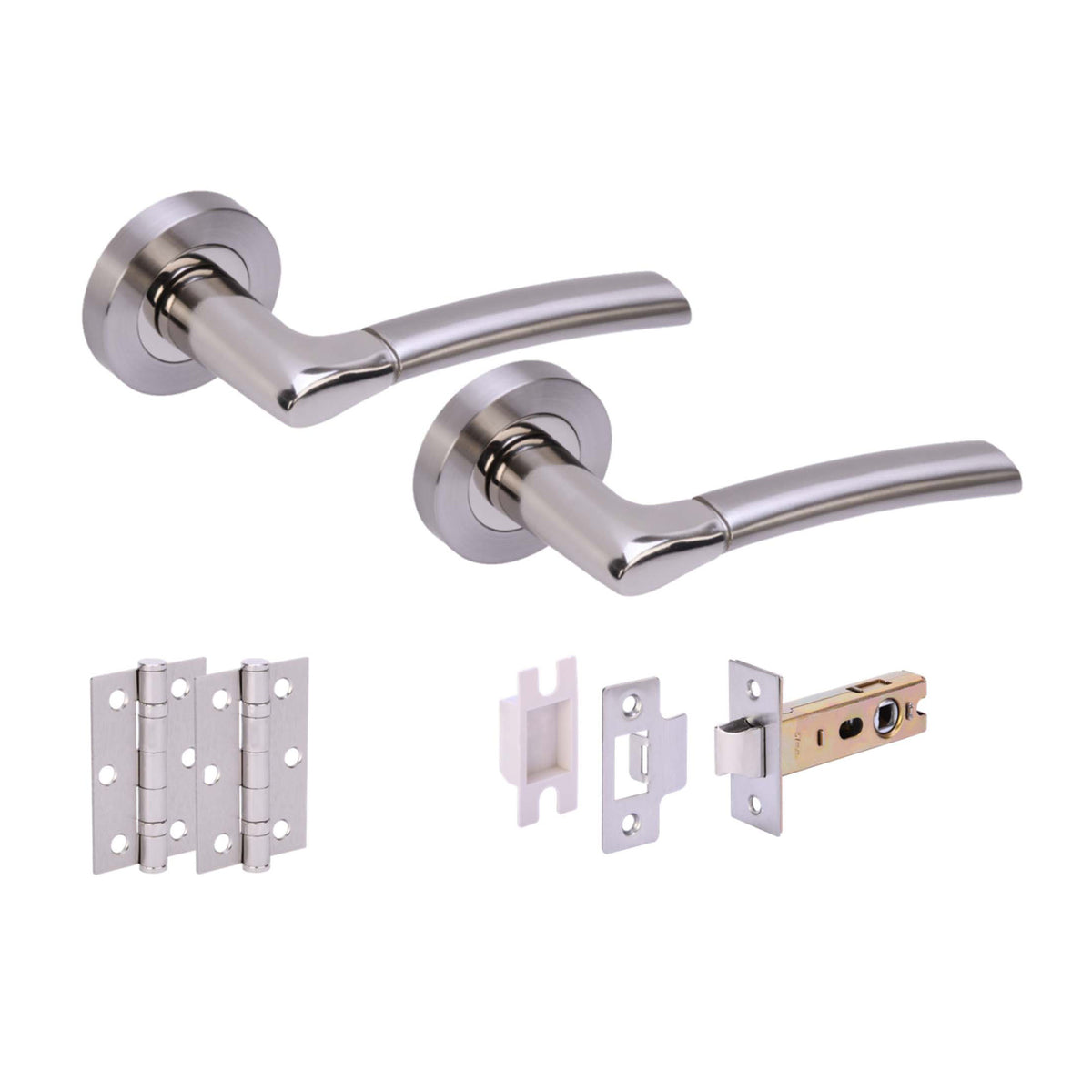 Designer Zoom Lever On Round Rose Handle Set - Polished Chrome and Satin Nickel