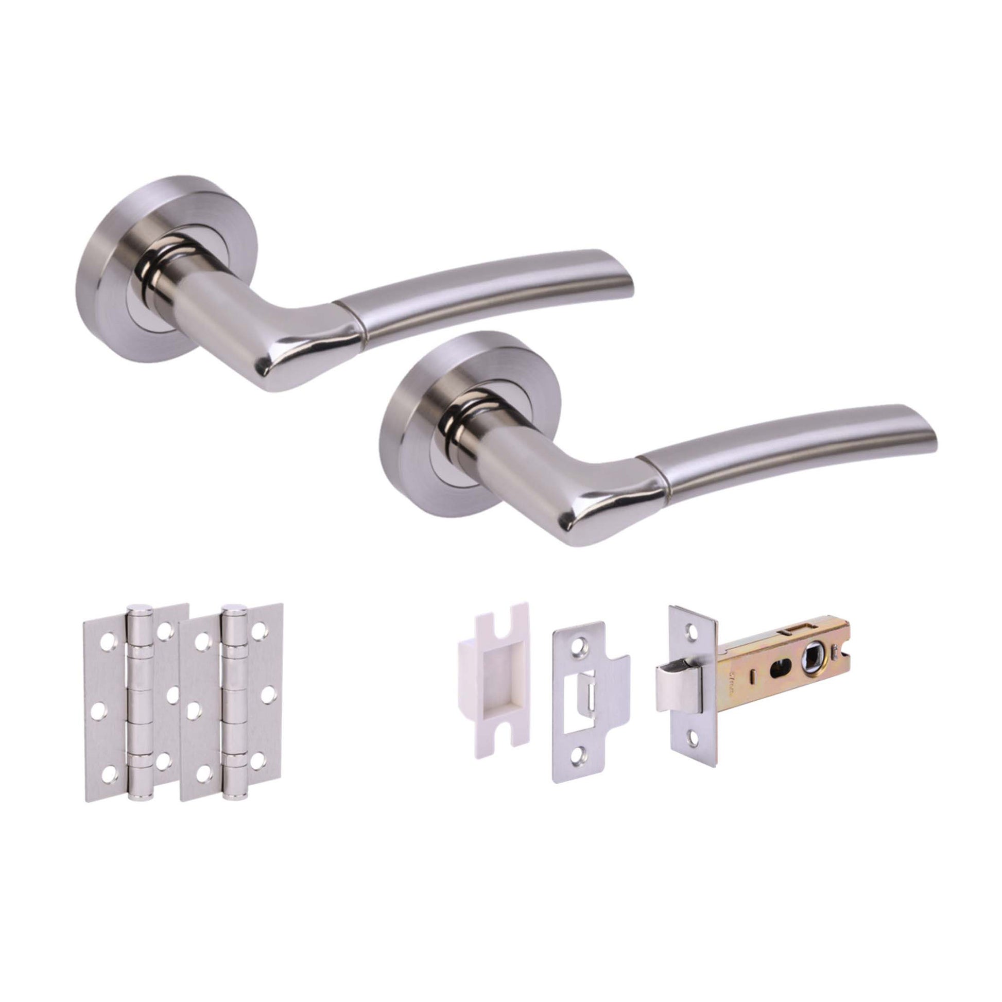 Designer Zoom Lever On Round Rose Handle Set - Polished Chrome and Satin Nickel