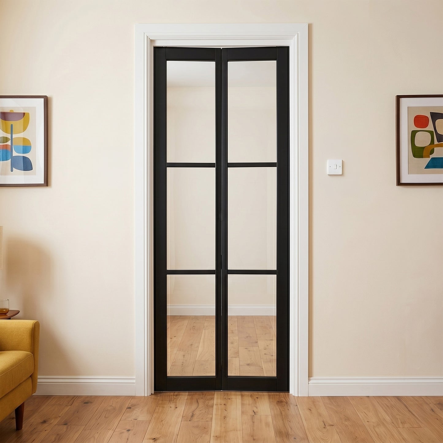 Jet Black Internal Fully Finished Industrial Studio 3 Light Clear Glass Bi-fold Door