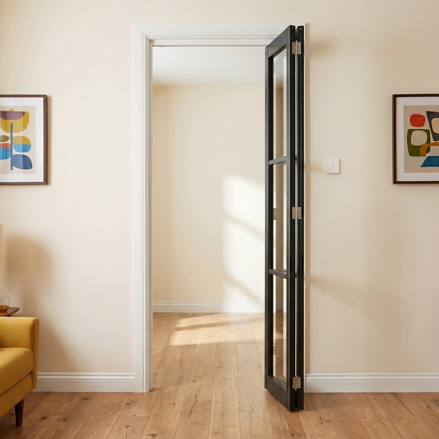 Jet Black Internal Fully Finished Industrial Studio 3 Light Clear Glass Bi-fold Door