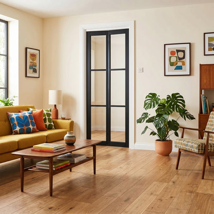 Jet Black Internal Fully Finished Industrial Studio 3 Light Clear Glass Bi-fold Door