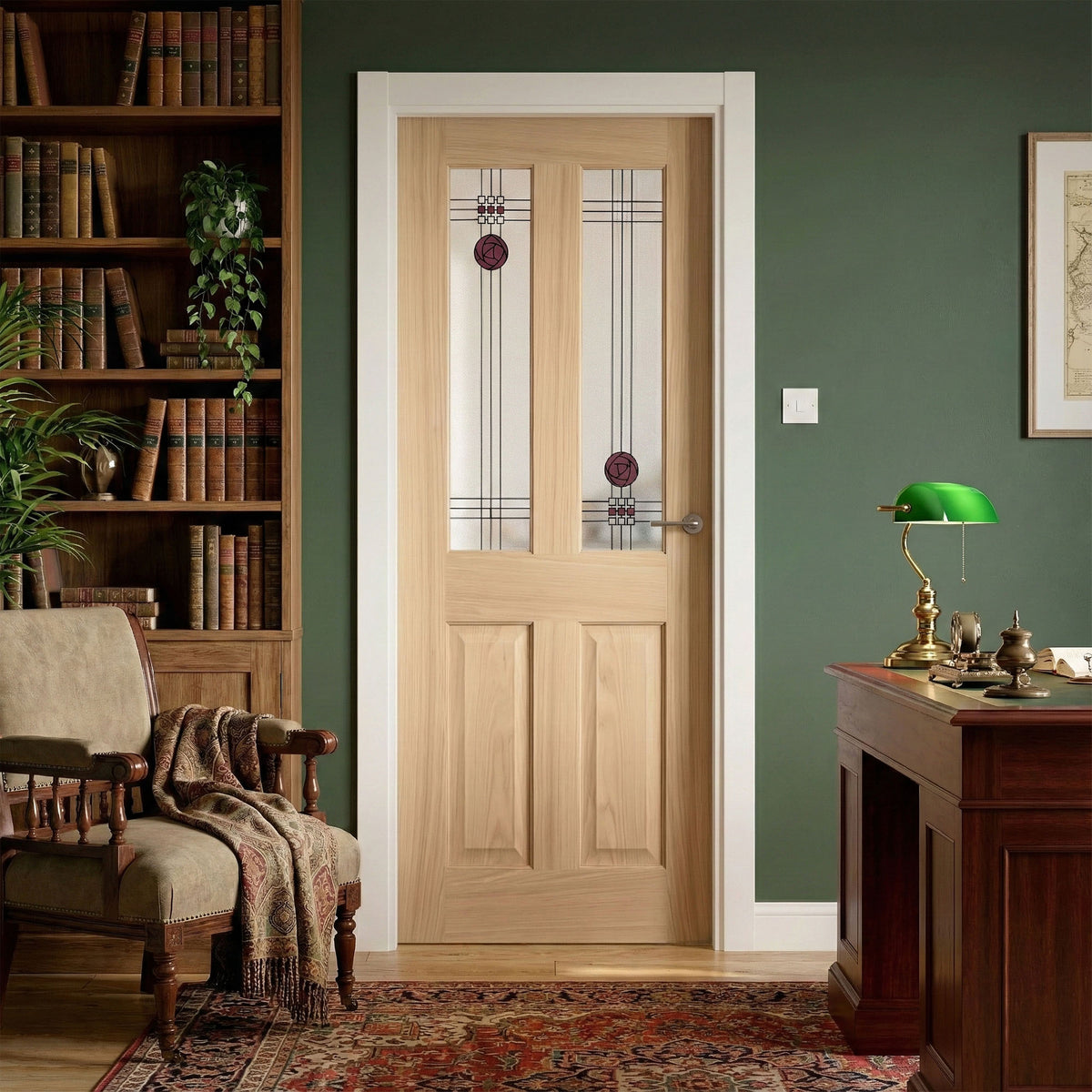 Oak Internal Fully Finished Mackintosh 2 Light Frosted and Stained Glass Door (LIBMACK2L)