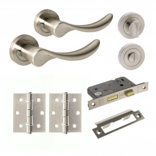 Mediterranean Malaga Round Lever Bathroom Door Handle Set - Satin Nickel