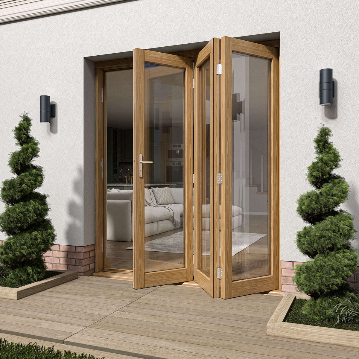 Oak External Fully Finished External Folding Patio Door Set 3+0