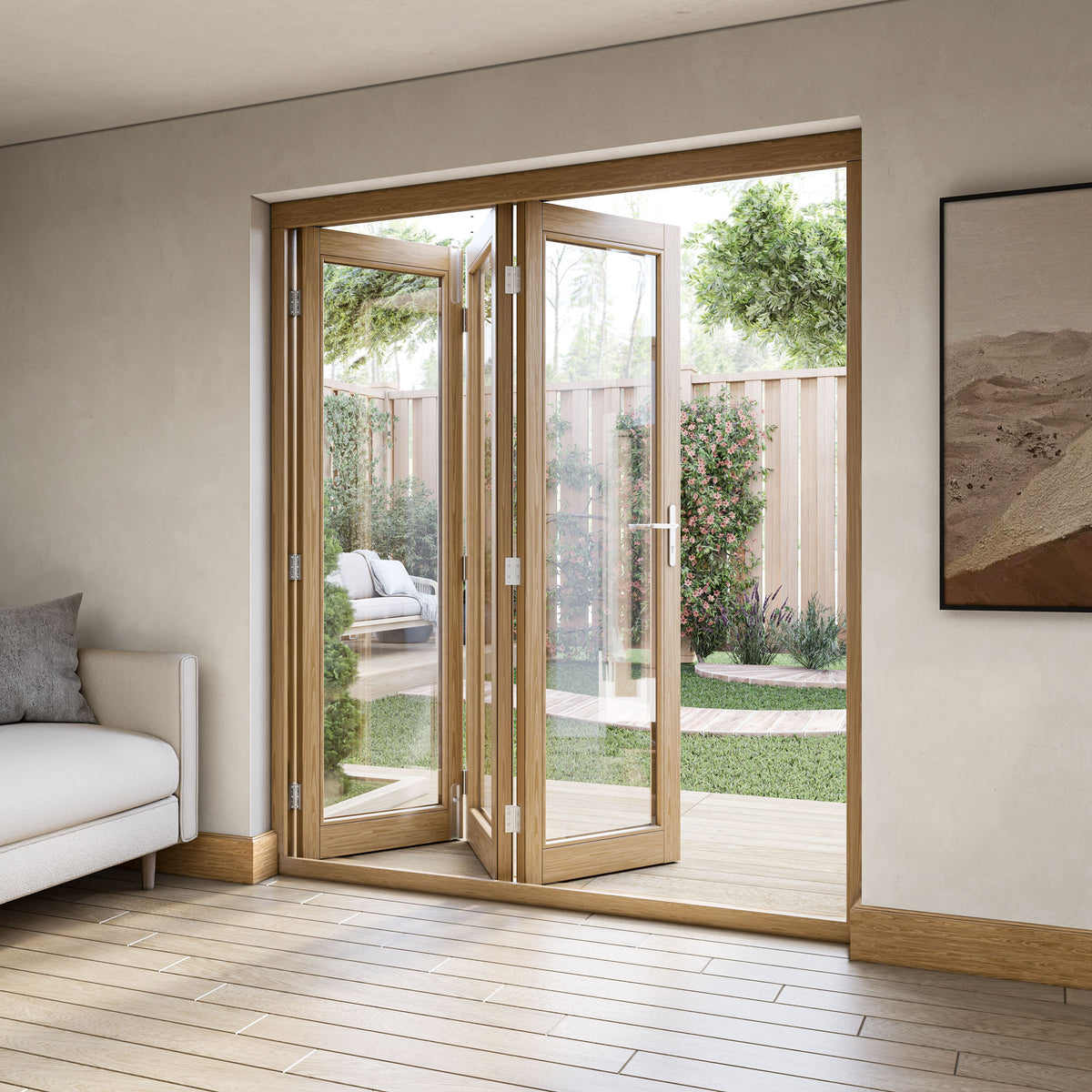 Oak External Fully Finished External Folding Patio Door Set 3+0