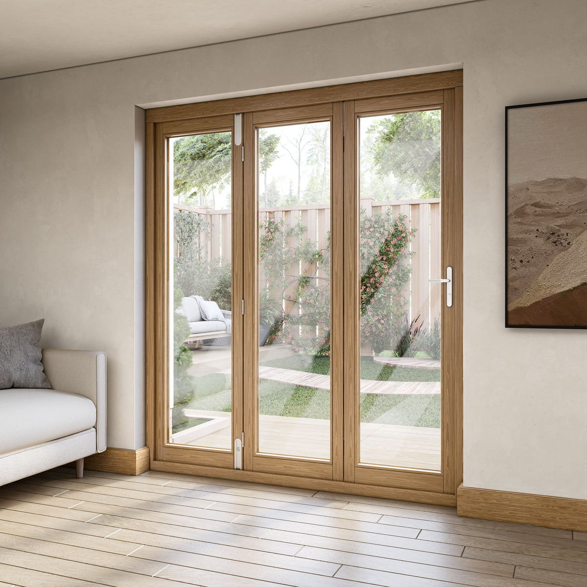 Oak External Fully Finished External Folding Patio Door Set 3+0