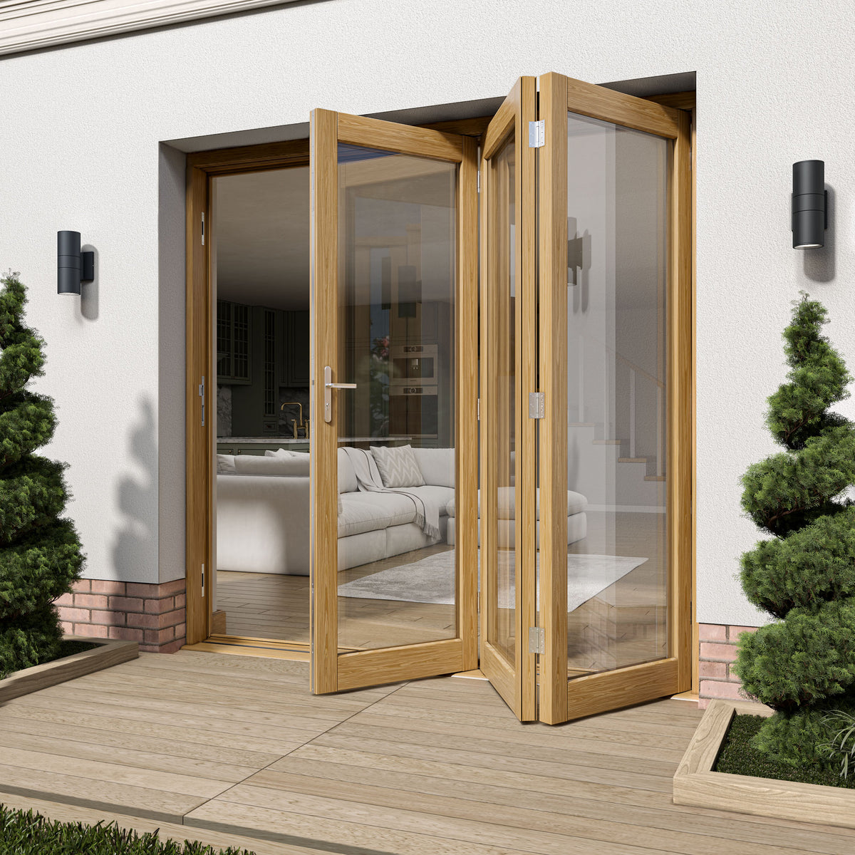 Oak External Fully Finished External Folding Patio Door Set 3+0