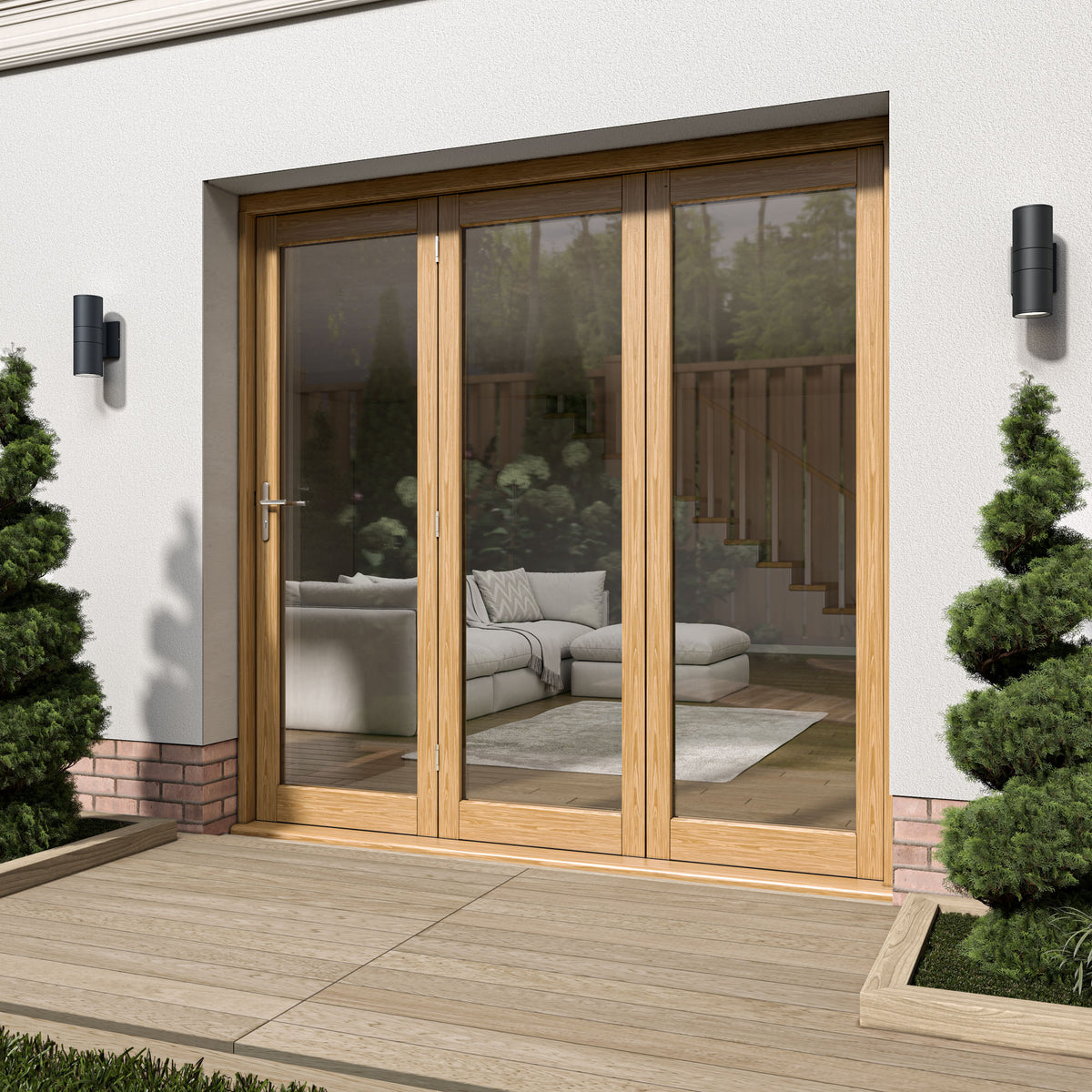 Oak External Fully Finished External Folding Patio Door Set 3+0