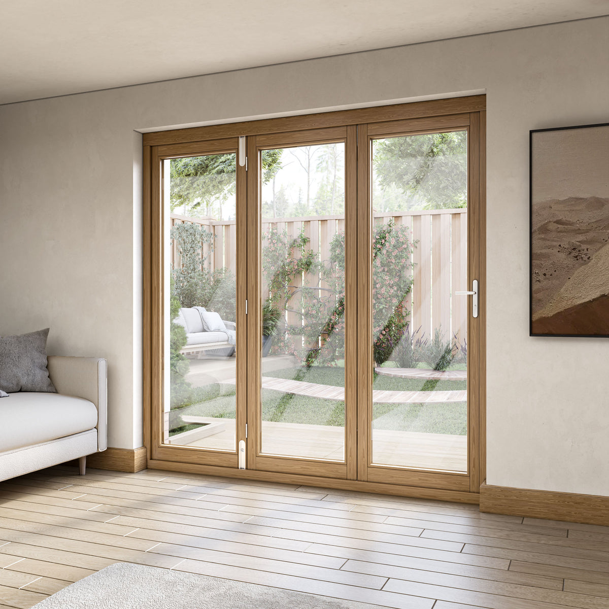 Oak External Fully Finished External Folding Patio Door Set 3+0