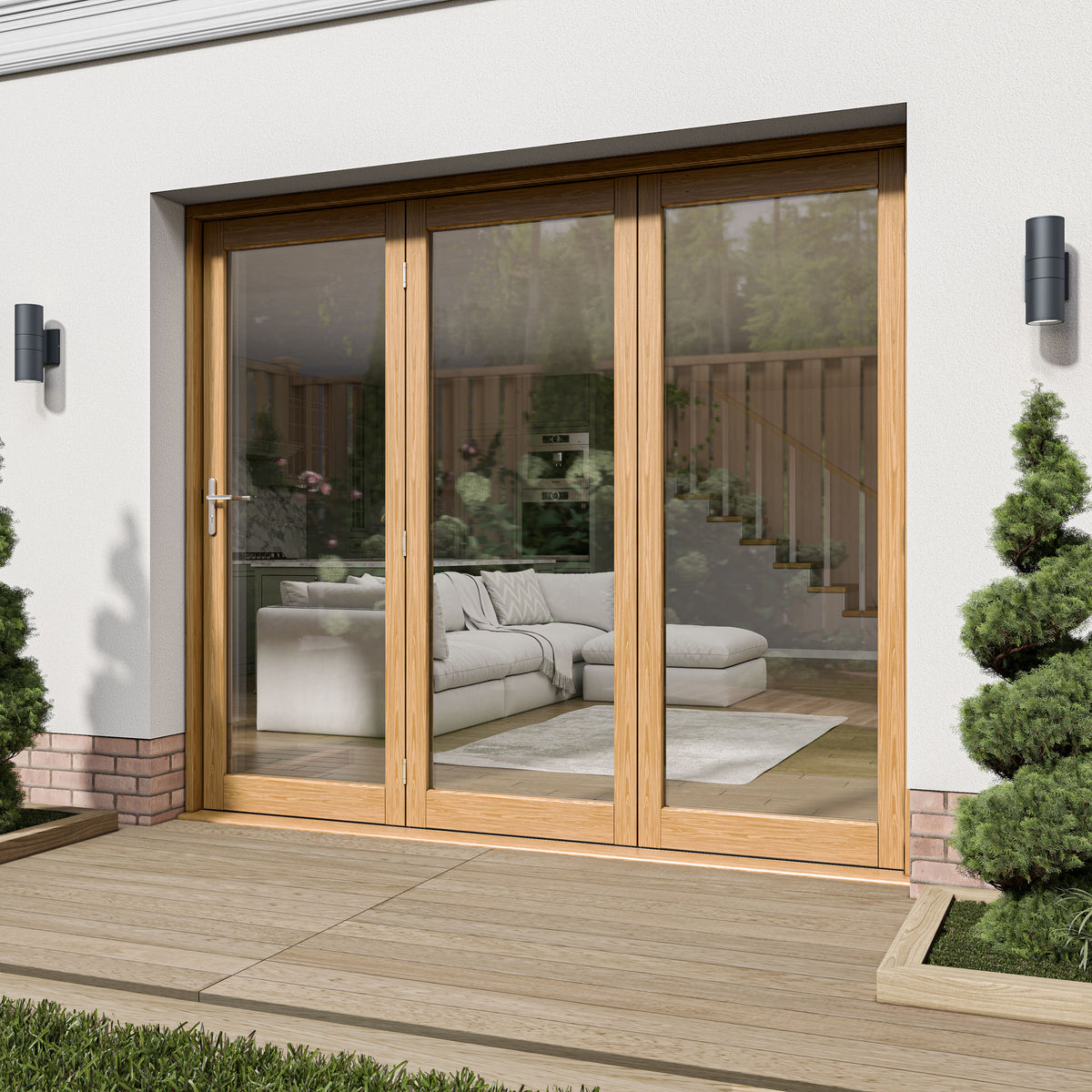 Oak External Fully Finished External Folding Patio Door Set 3+0