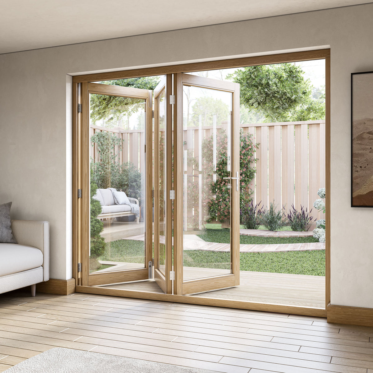 Oak External Fully Finished External Folding Patio Door Set 3+0