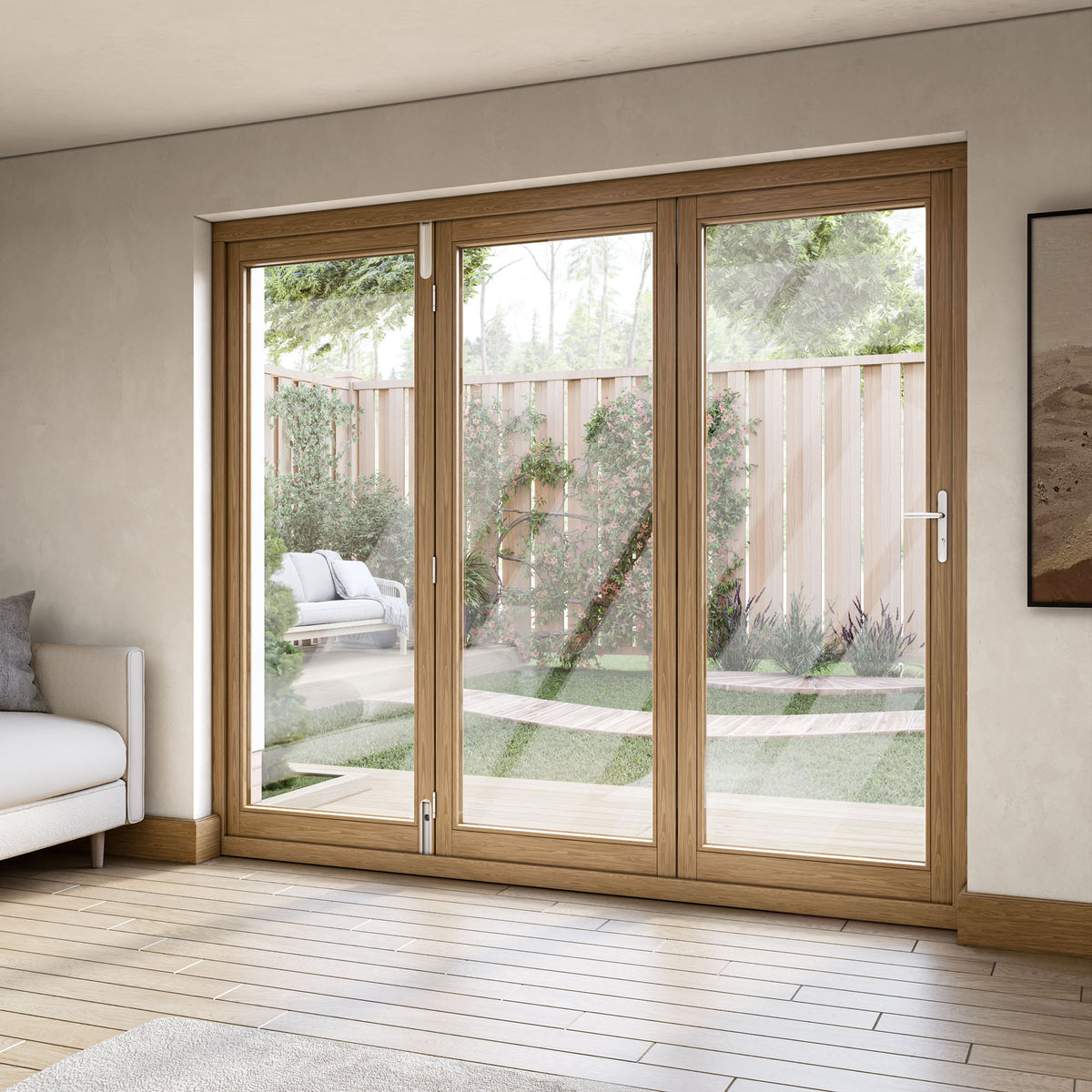 Oak External Fully Finished External Folding Patio Door Set 3+0