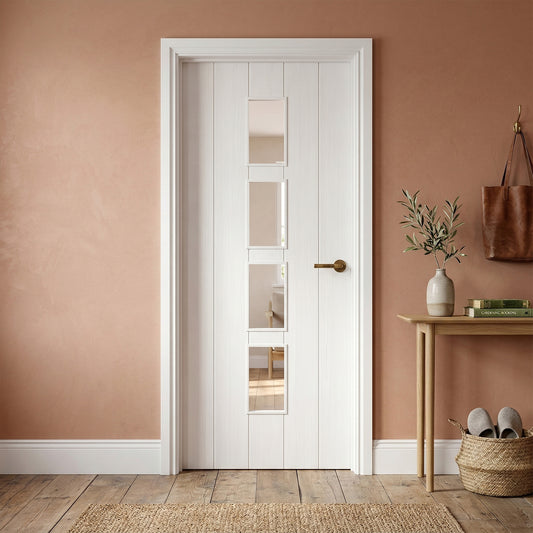 White Internal Fully Finished Cottage Laminate 4 Light Clear Glass Door