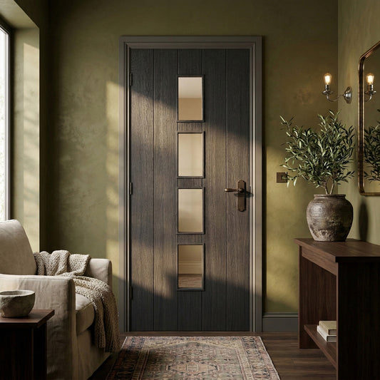 Black Fully Finished Cottage Laminate 4 Light Clear Glass Internal Door