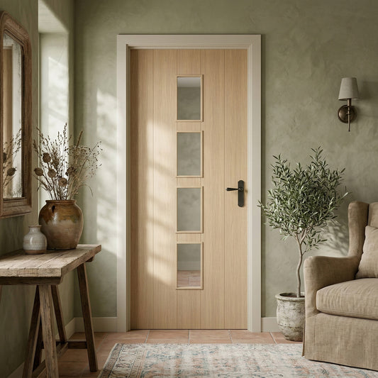 Oak Internal Fully Finished Cottage Laminate 4 Light Clear Glass Door