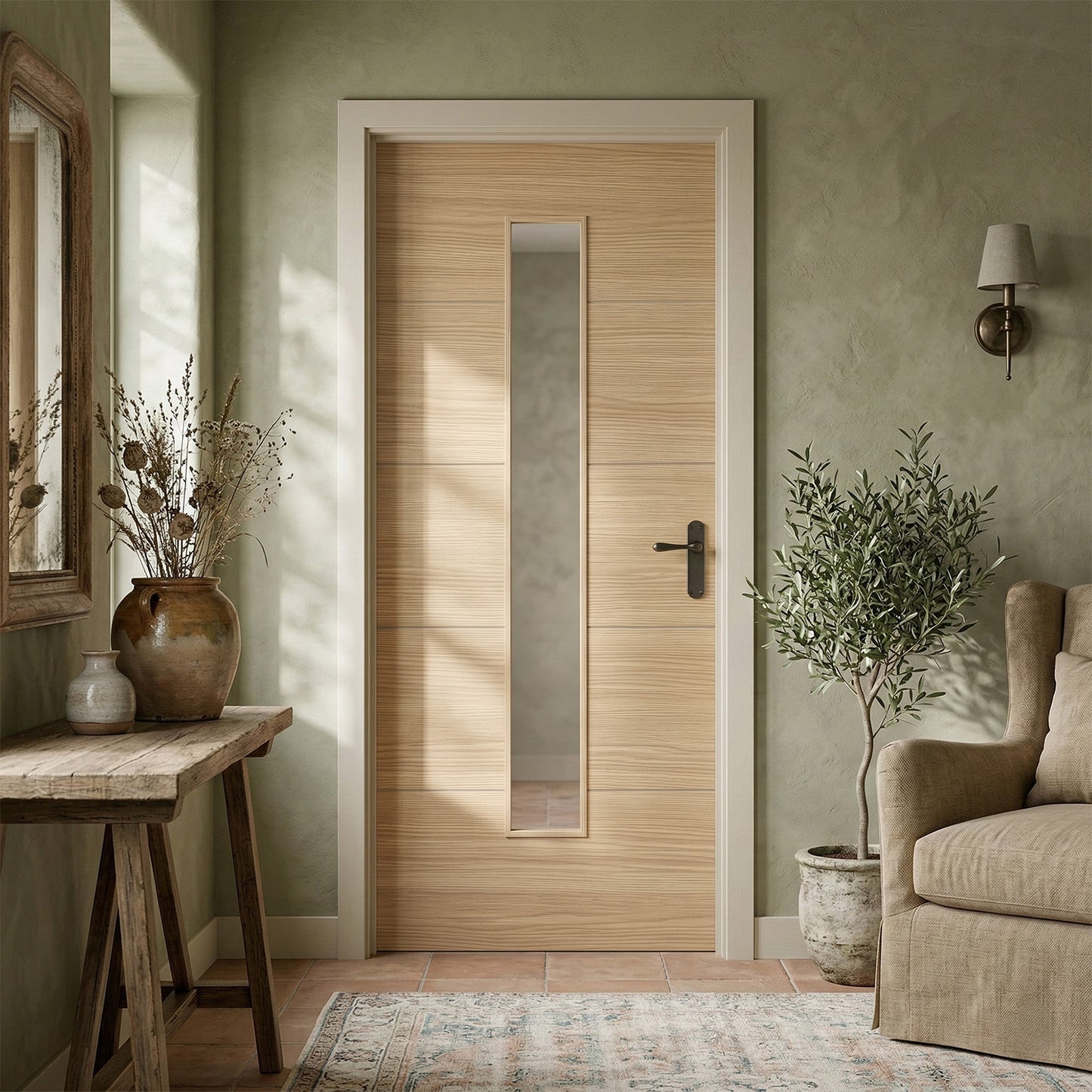 Oak Internal Fully Finished Linear Laminate 1 Light Clear Glass Door