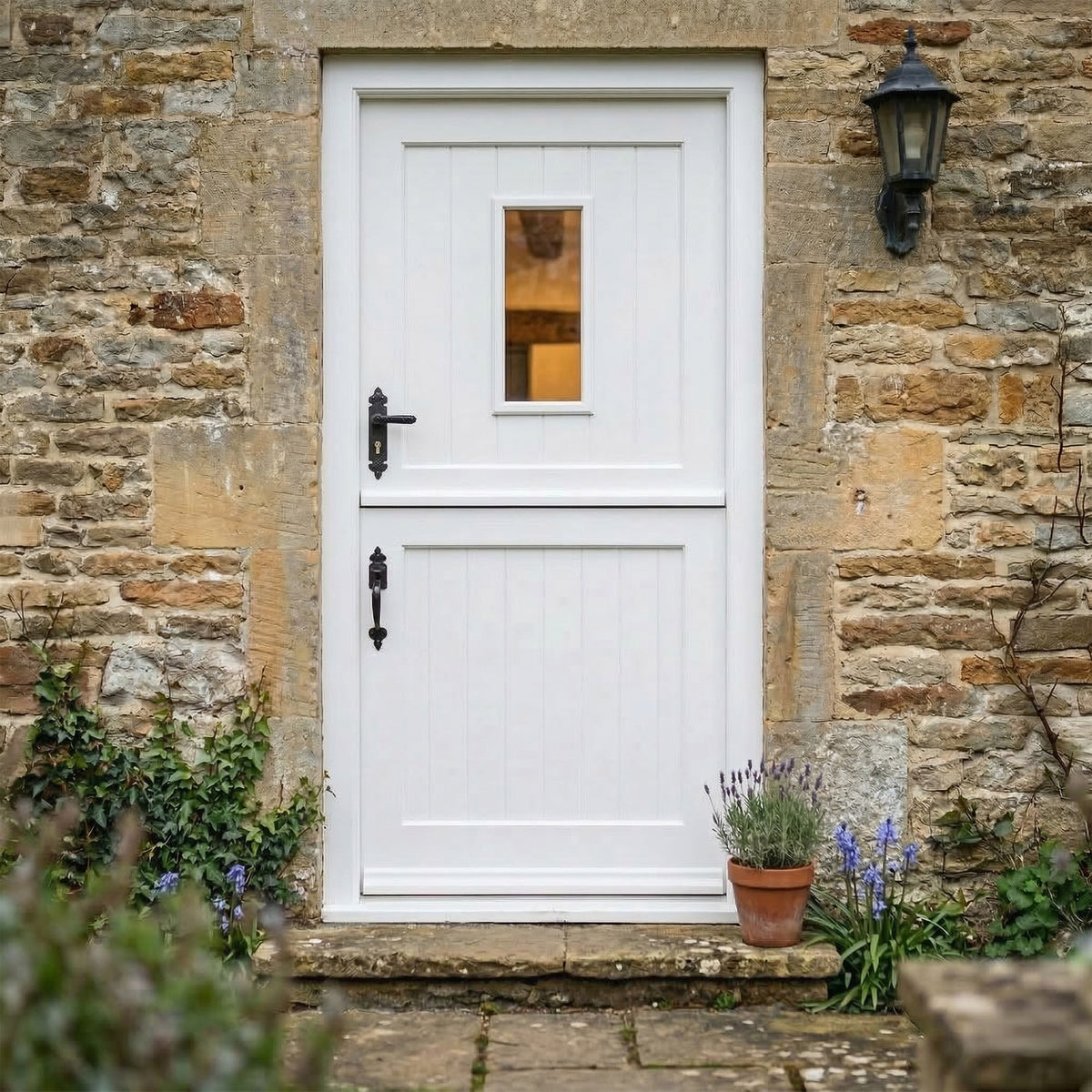White Primed External Pine 2 Panel 1 Light Clear Glass Stable Door