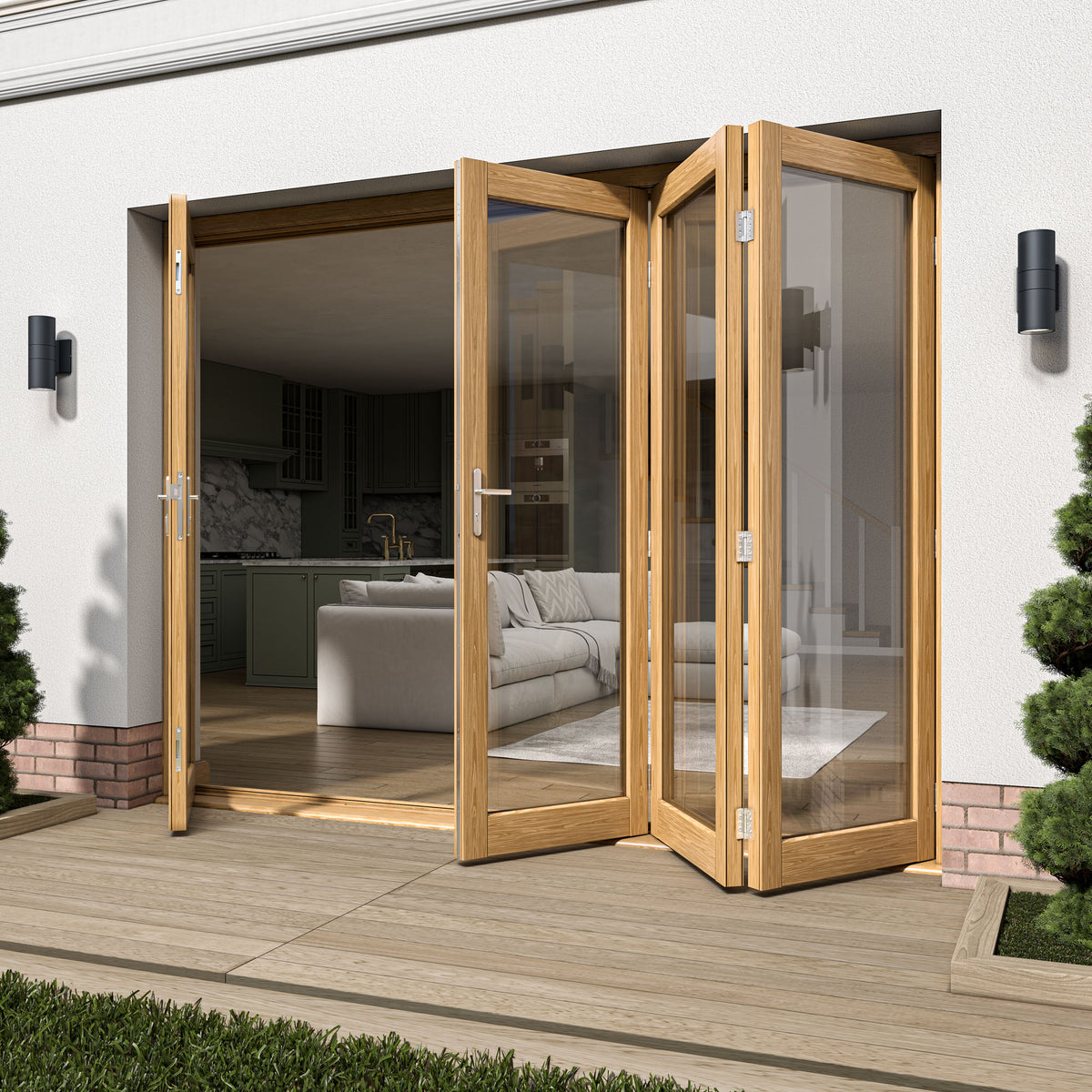 Oak External Fully Finished External Folding Patio Door Set 3+1