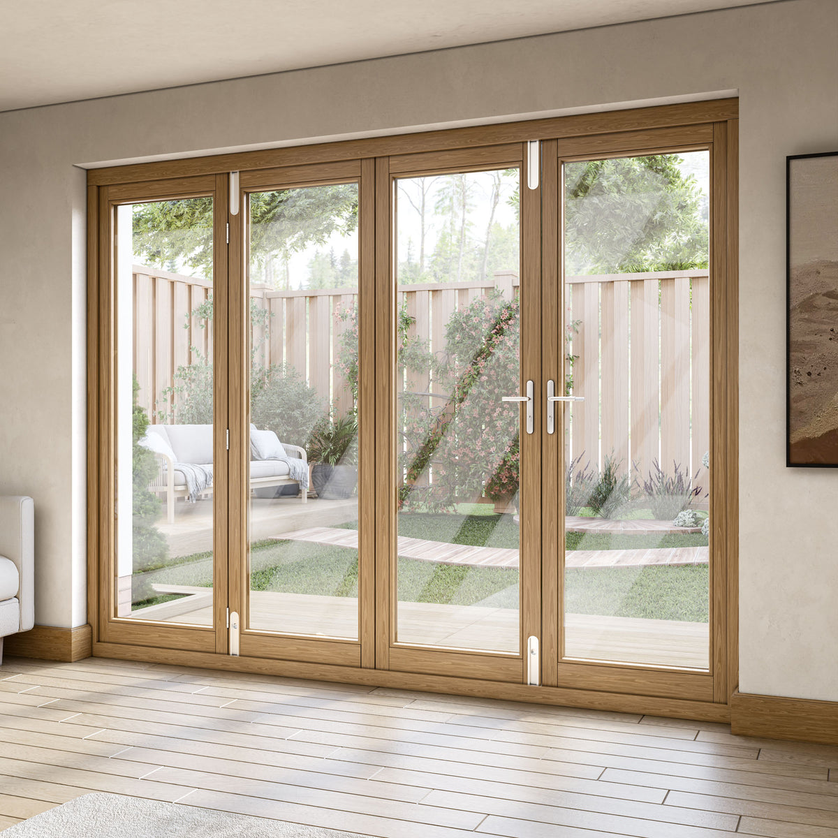 Oak External Fully Finished External Folding Patio Door Set 3+1