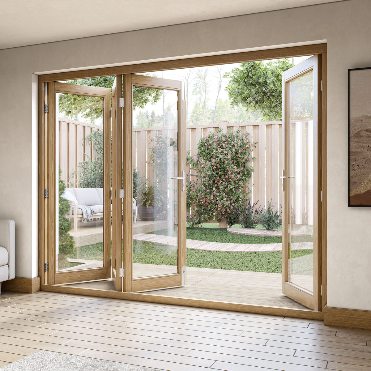 Oak External Fully Finished External Folding Patio Door Set 3+1