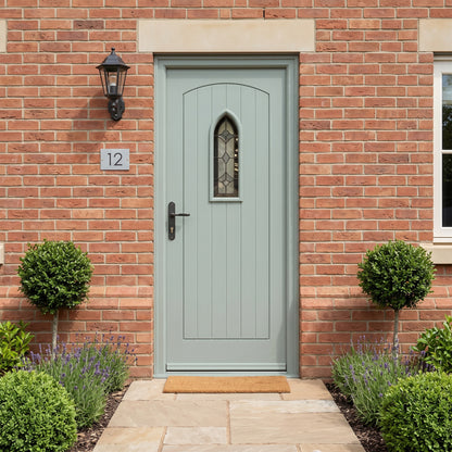 External Hardwood Unfinished Gothic Raised Mouldings Door with Feature Glass