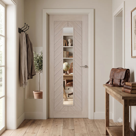 Liberty Doors | Ivory Fully Finished Internal Endure Laminate Chevron Clear Glass Door