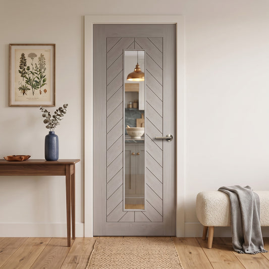 Liberty Doors | Light Grey Fully Finished Internal Endure Laminate Chevron Clear Glass Door