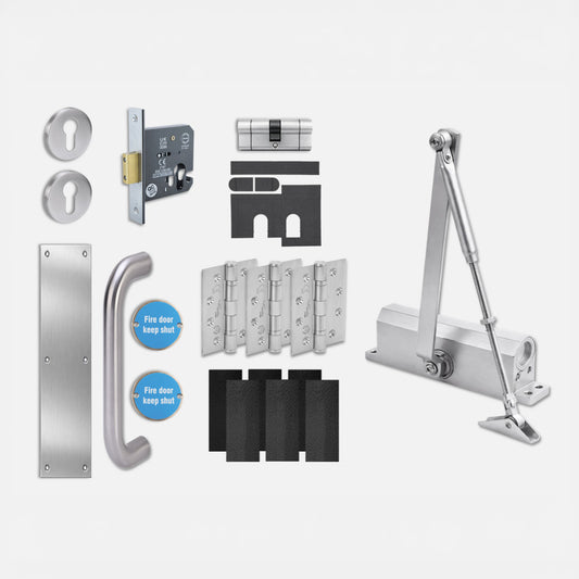 Core Commercial Fire Rated Corridor Pull Handle Set with Lock - Satin Stainless Steel