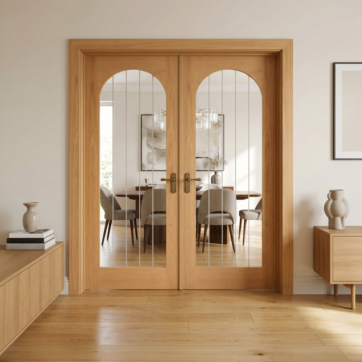 Oak Internal Fully Finished Farley Arched Square Top 1 Light Obscure Lined Clear Glass Double Door