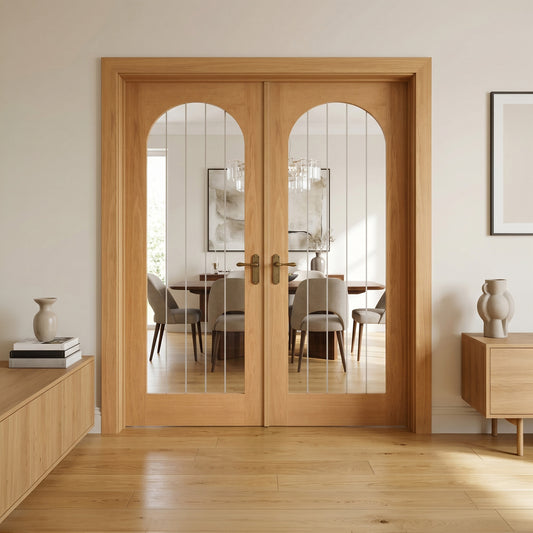 Oak Internal Fully Finished Farley Arched Square Top 1 Light Obscure Lined Clear Glass Double Door