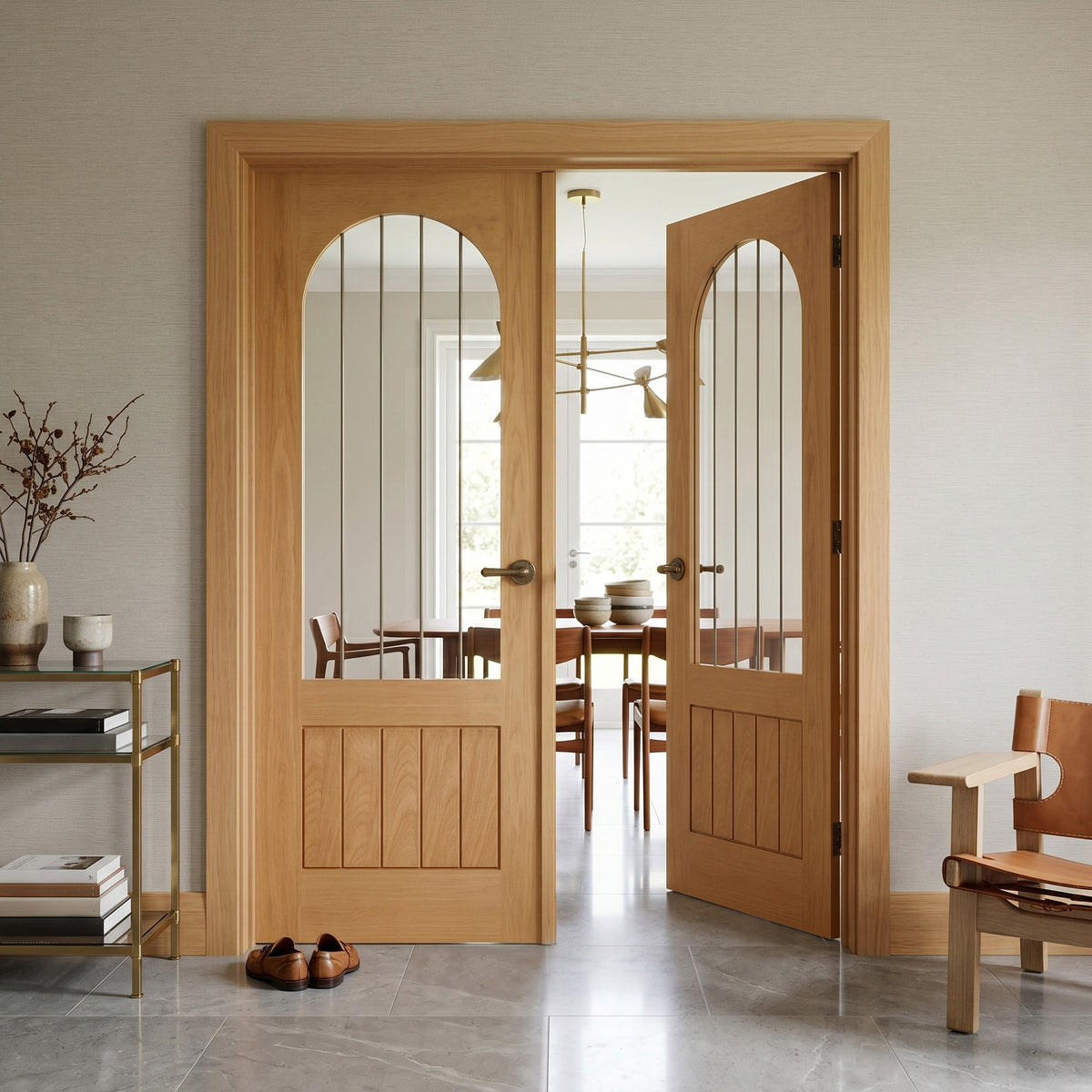 Oak Fully Finished Farley Arched Square Top 1 Panel 1 Light Obscure Lined Clear Glass Internal Double Door