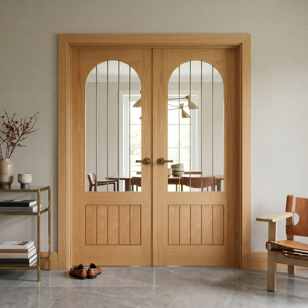 Oak Fully Finished Farley Arched Square Top 1 Panel 1 Light Obscure Lined Clear Glass Internal Double Door