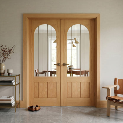 Oak Fully Finished Farley Arched Square Top 1 Panel 1 Light Obscure Lined Clear Glass Internal Double Door