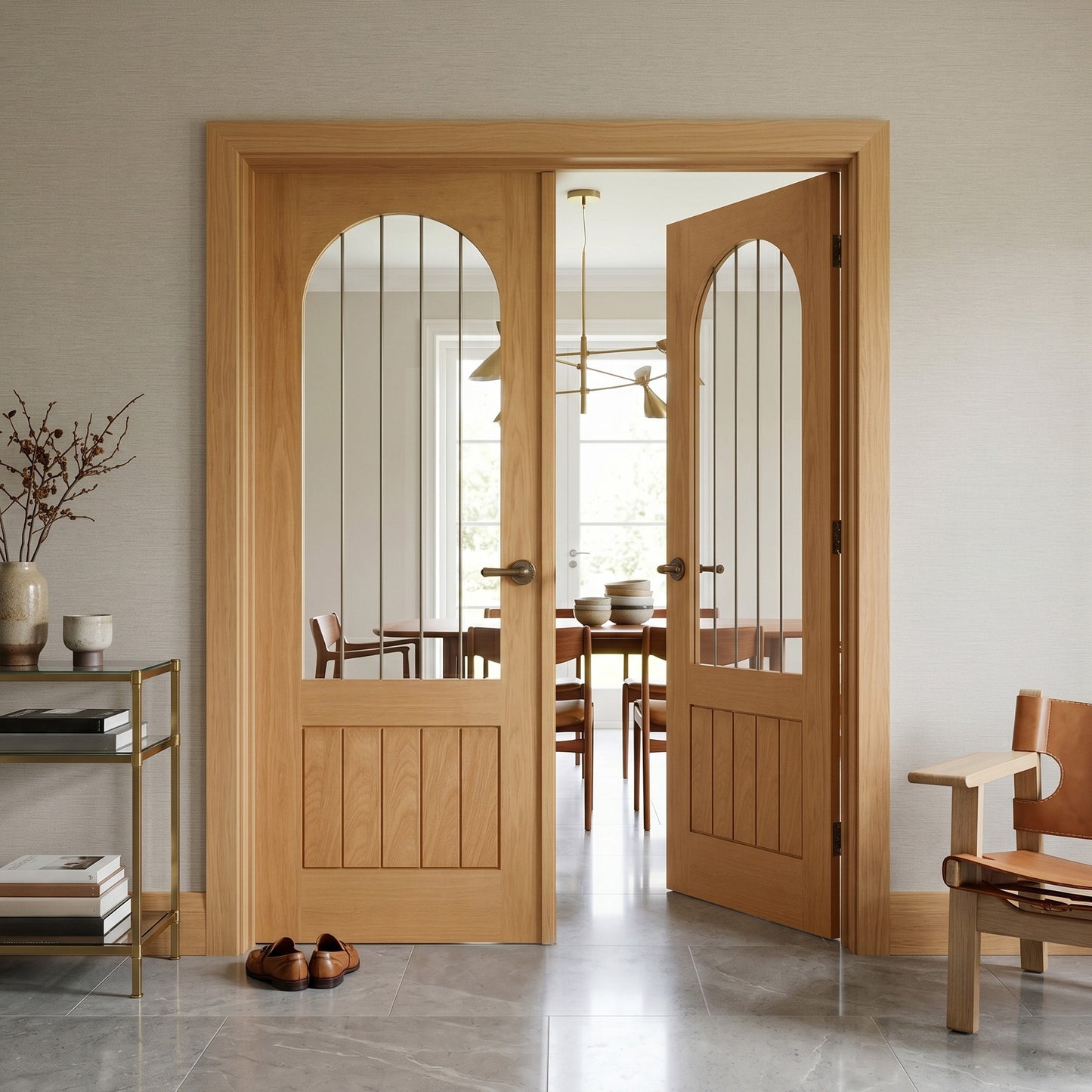 Oak Internal Fully Finished Farley Arched Square Top 1 Panel 1 Light Obscure Lined Clear Glass Double Door